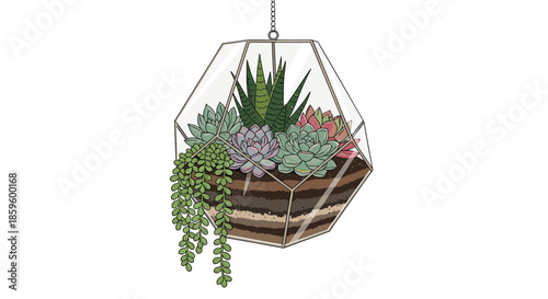 Decorative hanging geometric glass terrarium filled with various succulent plants and soil layers in a modern style.
