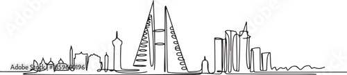 One continuous line drawing Manama city skyline Bahrain. Beautiful landmark postcard print. World landscape tourism travel vacation. one line Icon drawing