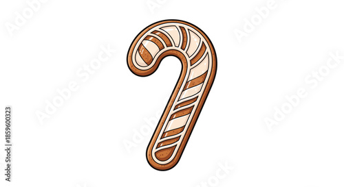 Gingerbread candy cane cookie with brown and white icing stripes as a traditional delicious Christmas holiday treat.