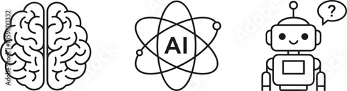 Artificial intelligence line icon set featuring human brain symbol digital AI nucleus with atoms and a cute robot assistant with question bubble.