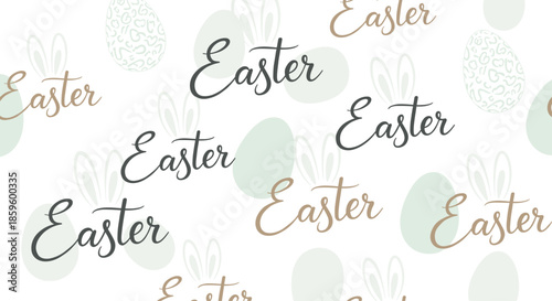Easter themed seamless background pattern with decorative eggs bunny ears and elegant handwritten script lettering.