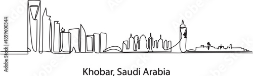 One single line drawing Khobar city skyline, Saudi Arabia. World town landscape postcard print. Best place holiday destination. one line Icon drawing