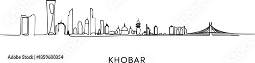 One single line drawing Khobar city skyline, Saudi Arabia. World town landscape postcard print. Best place holiday destination. one line Icon drawing