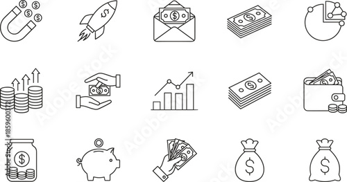 Financial growth and investment line icon set featuring money magnets, rocket startups, profit charts, piggy banks, savings jars, and wealth management symbols.