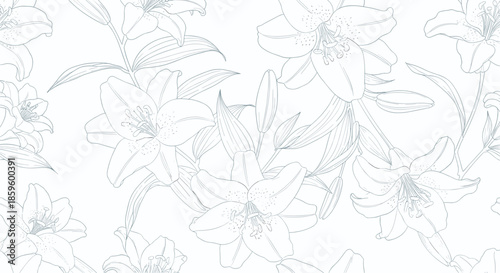 Elegant seamless floral pattern featuring hand drawn lily flowers in soft blue outlines on a white background.