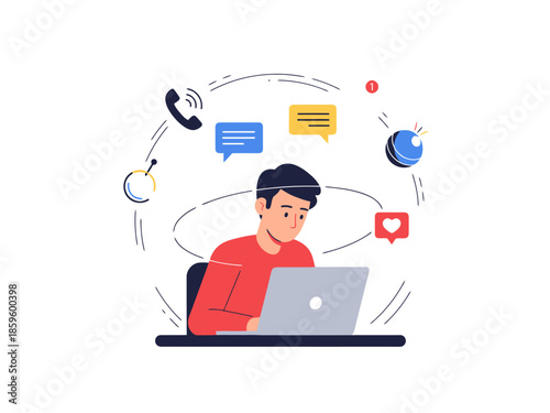 Man Juggles Digital Communication and Tasks on Laptop