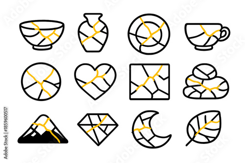 Kintsugi icons with gold cracks on dark background