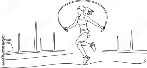 Single continuous line drawing young sportive woman train jumping with skipping rope in sport gymnasium club center. Fitness stretching concept. one line Icon drawing