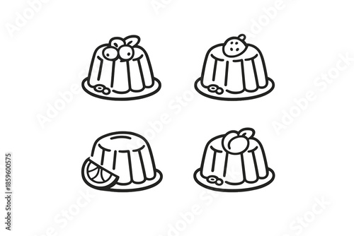 Four stylized jelly desserts with toppings