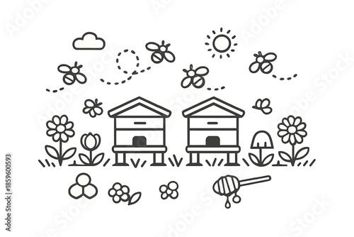 Beehive Scene with Bees, Flowers, and Sun