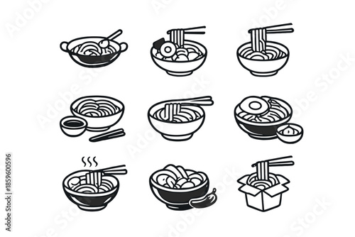Set of 9 stylized noodle bowls icons