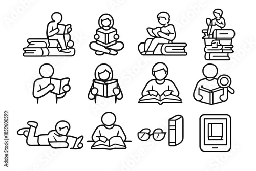 Collection of stylized icons representing people reading books and an e-reader