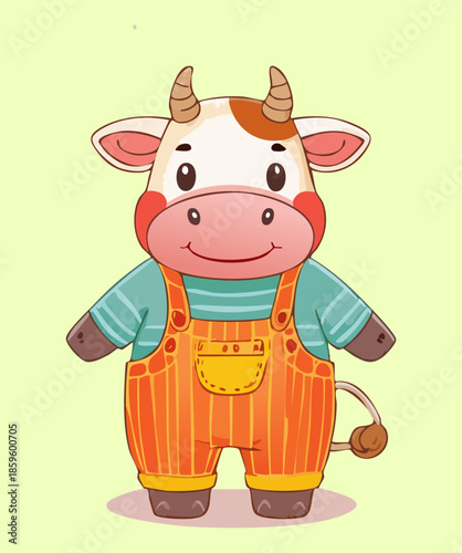 Sweet farm cow character wearing orange overalls and a striped shirt standing in a sunny green field