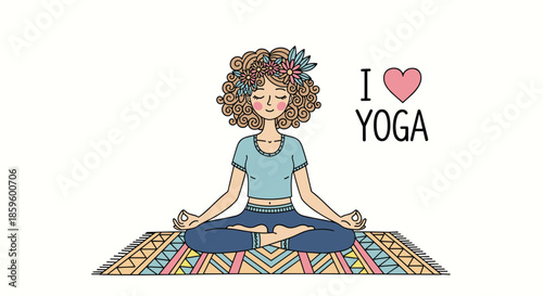 Adorable young girl with curly hair and a flower crown practicing yoga in the lotus pose on a decorative rug with I Love Yoga text.