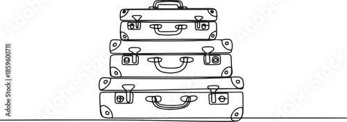 One continuous line drawing of old retro vintage leather suitcases stack. Classic travelling item concept single line draw graphic design. one line Icon drawing