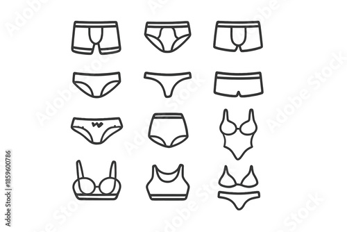 Set of underwear and swimwear icons on a grey background