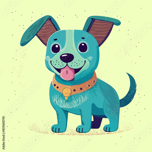 Unique blue puppy dog character with floppy ears and a yellow collar standing on a light background