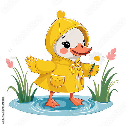 charming yellow duck animal character wearing raincoat and holding bouquet of flowers for spring season greeting card