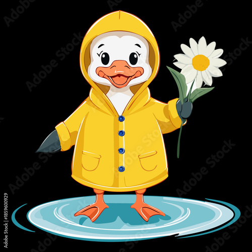 sweet yellow duckling animal character in raincoat holding daisy flower against dark background for nursery art print