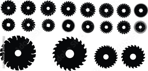 Set of circular saw blade silhouettes in different shapes isolated on white background industrial woodworking tool black vector collection