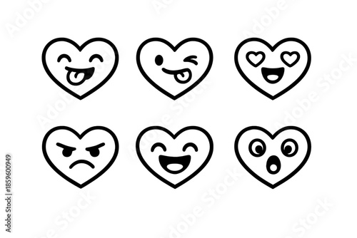 Six heart emoticons with different facial expressions against a grey background
