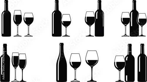 Set of wine bottle and glass silhouettes isolated on white background alcohol beverage bar restaurant black vector illustration collection