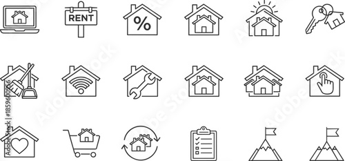 Real estate and property management line icon set featuring house rental signs, home maintenance services, mortgage rates, residential sales, and apartment search symbols.