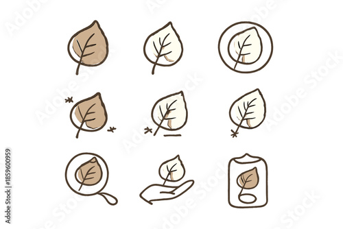 Collection of stylized leaf icons with natural elements