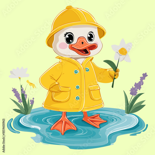 cute yellow duckling animal character wearing yellow raincoat and holding flower in spring pond for rainy season
