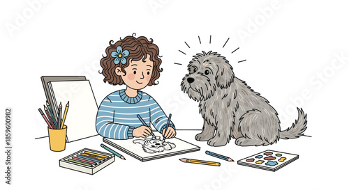 Young girl with curly hair and a flower clip sitting at a desk drawing a detailed portrait of her fluffy grey dog with colored pencils.
