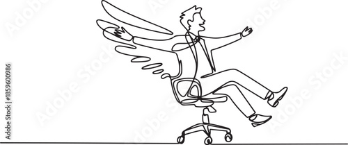 One line drawing of young happy business man spreading a wing and pretend as super hero who flying using an office chair. Business success concept. one line Icon drawing