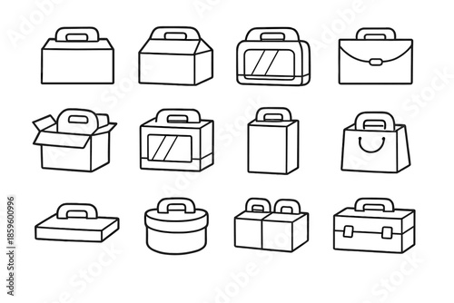 Collection of 12 white outline boxes and bags on a gray gradient background