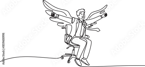 One line drawing of young happy business man spreading a wing and pretend as super hero who flying using an office chair. Business success concept. one line Icon drawing