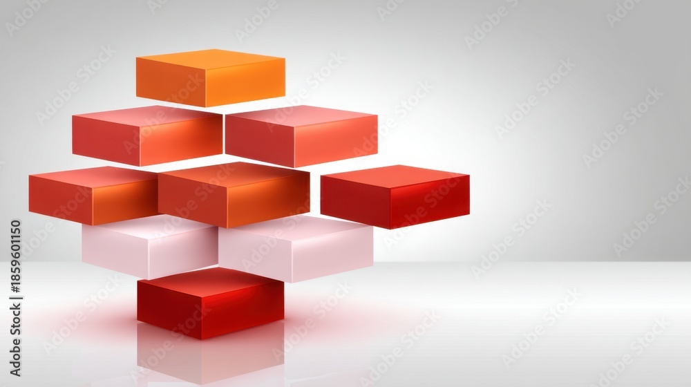 Obraz premium Colorful geometric blocks stacked artistically in a creative arrangement on a reflective surface with soft gray background lighting