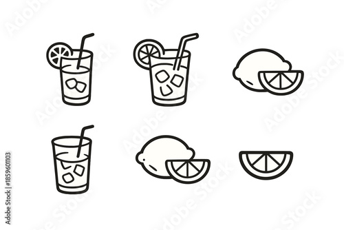 Set of icons: lemonade drinks and lemons