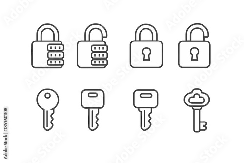 Set of lock and key icons on gray background