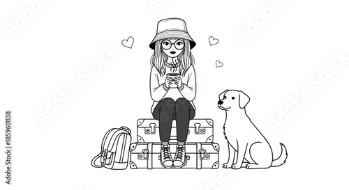 Black and white line drawing of a young woman sitting on suitcases with her dog and a backpack ready for a fun travel adventure abroad.