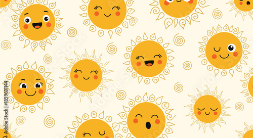 Seamless pattern of various happy sun characters with different facial expressions like winking smiling sleeping and laughing aloud.