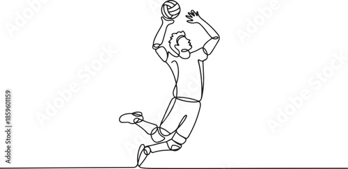 One continuous line drawing of young male professional volleyball player in action jumping spike on court. Healthy competitive team sport concept. one line Icon drawing