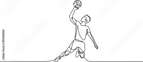 One continuous line drawing of young male professional volleyball player in action jumping spike on court. Healthy competitive team sport concept. one line Icon drawing