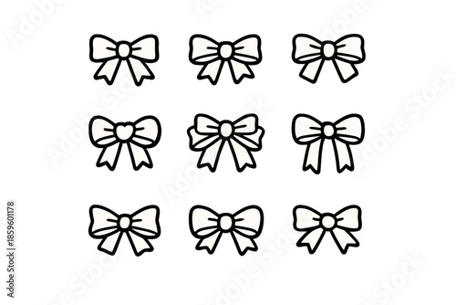 Collection of nine white bow icons with black outlines and drop shadows on a gray background