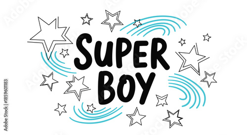 Bold Super Boy text surrounded by various stars and decorative blue swirls on a clean white background for kids and nursery design art.