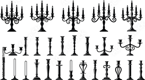 Collection of elegant vintage candle holders and ornate candelabra silhouettes isolated on white background classic decor black vector set