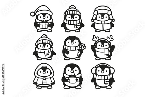 Cute Cartoon Penguin Characters Wearing Winter Clothes