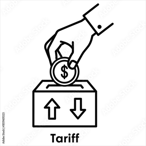 Minimal line art illustration of hand dropping dollar coin into tariff box with import and export arrows in modern vector style