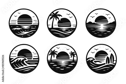 Retro Sunset Beach Scene Icons