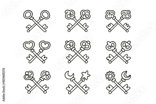 Collection of nine unique crossed key icons