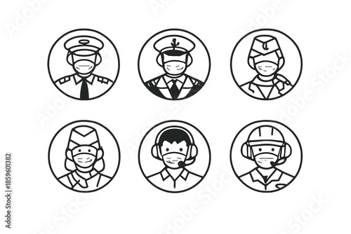 Set of six stylized icon portraits of people wearing face masks