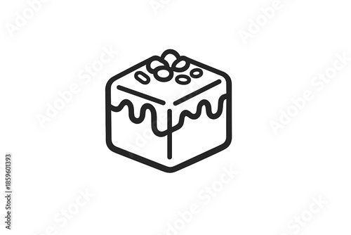 Black line drawing of a cube cake with dripping frosting and toppings on a gradient background