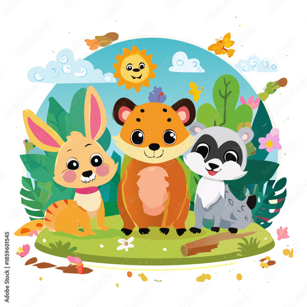 Naklejka premium Jungle animals in garden for nature wildlife and safari conservation theme concept digital art illustration